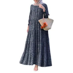 Elegant floral print tiered loose maxi dress with front buttons and round neck for women