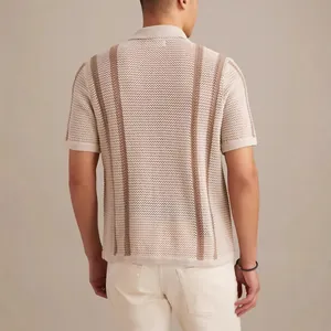 Casual men's hollow knit Polo shirt with vertical stripes back view