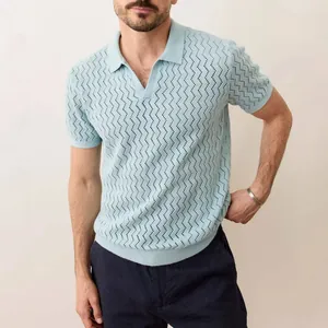 Men's stylish hollow knit polo shirt in light blue with a vertical zigzag texture.