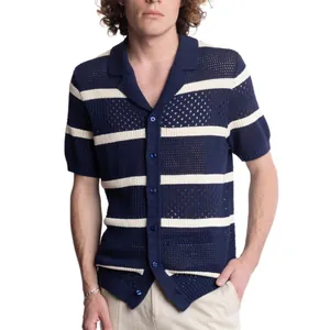 Men Striped Hollow Out Knit Polo Shirt Short Sleeve Button Down Cardigan Viscose Summer Casual Lightweight Top