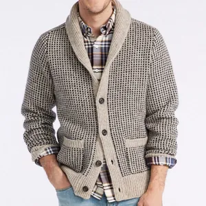 Close-up of men's shawl collar cardigan featuring textured bird's eye knit pattern