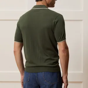 Back view of classic dark green short-sleeved Polo shirt for men with contrast collar trim