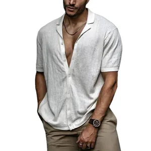 Stylish men's white knitted short sleeve polo cardigan with casual loose fit design