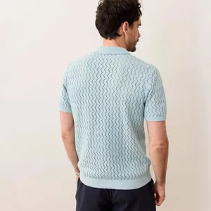 Back view of men's light blue hollow-out knit polo shirt with a stylish casual collar