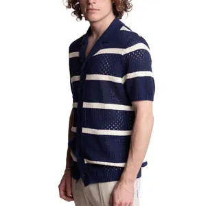 Stylish men's navy blue and white striped hollow-out knit short sleeve polo shirt cardigan