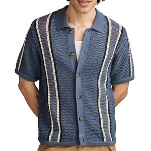 Men's retro hollow-out knit Polo shirt with vertical stripes and button-down front design