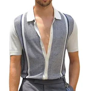 Men's summer knit polo shirt featuring stylish vertical contrast stripes and texture