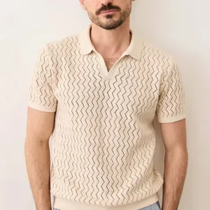 Lightweight men's summer knit polo shirt with a hollow zig-zag pattern in beige color