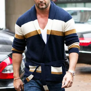 Men Casual Color Block Striped Knit Cardigan Jacket With Belt Long Sleeve Acrylic Blend Shawl Collar Sweater Coat For Autumn