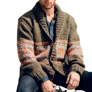 Men's shawl collar knit cardigan sweater with autumn geometric patterns