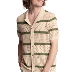 Stylish men's summer striped hollow knit short-sleeve polo cardigan in beige and green