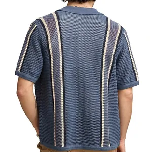 Men's casual blue hollow-out knit Polo shirt with stylish vertical stripes, back view