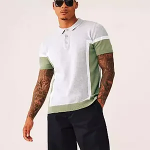 Men's slim fit knitted color-block polo shirt with short sleeves and front buttons