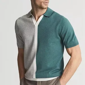 Men's Casual Knitted Polo Shirt Contrast Color Patchwork Lapel Short Sleeve Top Western Fashion Striped Knitwear