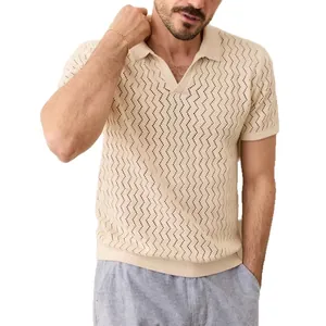 Premium men's summer hollow-out knit polo shirt with lapel collar in beige finish