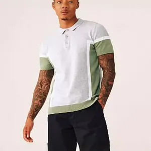 Stylish mens summer knitted polo shirt featuring a modern grey and green color block design