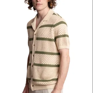Men's striped open-knit short sleeve polo cardigan in beige and green, breathable summer style