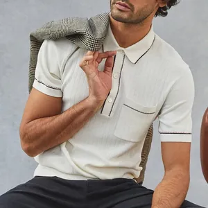 Men Knitted Short Sleeve Polo Shirt Polyester Ribbed Contrast Trim Lapel Pocket Top Business Casual Summer Tee