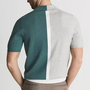 Back view detail of men's knitted Polo shirt with green and grey color block design