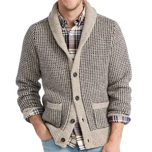 Men's stylish heavy knit shawl collar cardigan sweater with textured jacquard pattern
