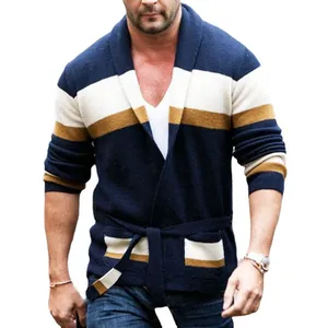 Men's color-block knit cardigan with waist tie, striped autumn winter sweater jacket