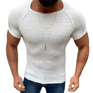 Close-up detail of a men's white slim fit knitted t-shirt with horizontal ribbed texture