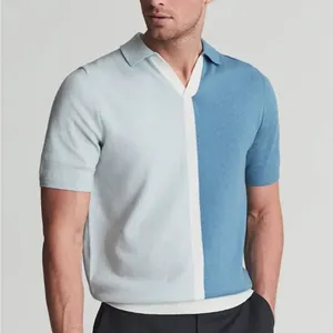 Close-up detail of a men's color-block knitted polo shirt with a stylish V-neck collar