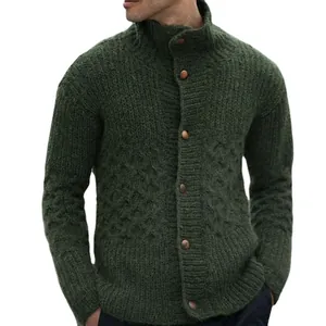 Men's dark green knitted cardigan with semi-high collar and wooden buttons
