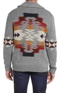 Back view of a men's grey knitted cardigan featuring a colorful geometric pattern