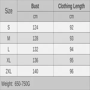 Detaillierte Größentabelle für Damen-Kapuzenstrickpullover, Brust- und Längenmaße.