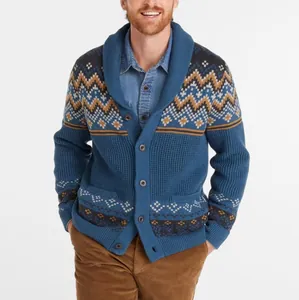 Men's Vintage Geometric Jacquard Knit Cardigan Sweater Shawl Collar Long Sleeve Button Down Outerwear Jacket With Pockets Winter Warm Top