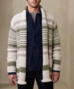 Close-up of men's chunky striped knit cardigan with fringe hem and shawl collar detail