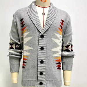 Close-up detail of a grey men's knit cardigan featuring a vibrant geometric jacquard design