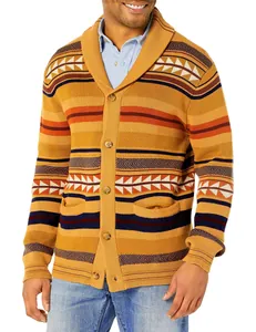 Detailed shot of a men's shawl collar knit cardigan with tribal patterns and stripes