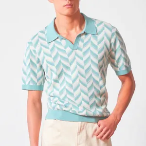 Men's casual knit polo shirt featuring a mint green and white chevron jacquard pattern