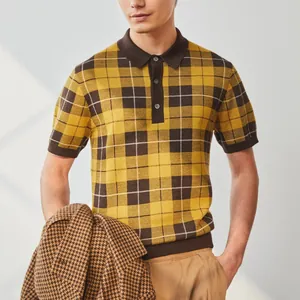 Herren Britischer Vintage Karo Jacquard Strick Poloshirt Kurzarm Slim Fit Casual Business Top