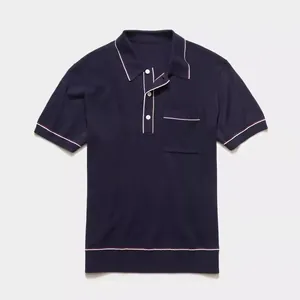 Navy blue short-sleeved knitted polo shirt with stylish contrast piping details.