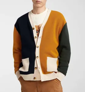 Premium men's color-block V-neck knitted cardigan in vibrant yellow and forest green tones