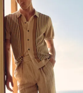 Detailed view of a men's striped knit polo shirt with matching summer linen trousers.