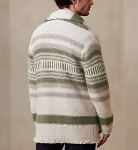 Detailed back view of men's striped knit cardigan sweater with unique fringe hem