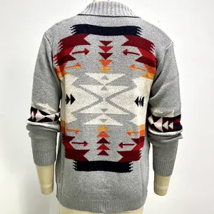Back view of men's gray knitted sweater jacket featuring a bold ethnic jacquard pattern.