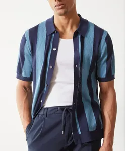 Close-up view of men's blue striped knit polo cardigan with breathable hollow texture.
