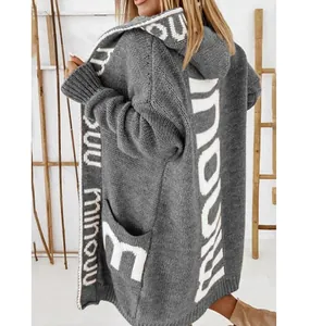 Back view of a stylish grey long hooded knit cardigan featuring bold white letter details.