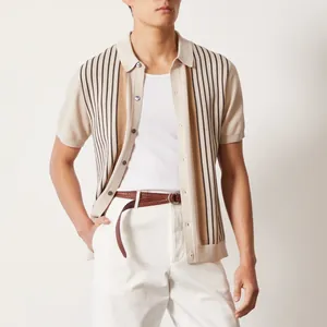 Men's Knitted Striped Polo Shirt Short Sleeve Breathable Casual Summer Top Lightweight Button Down Cardigan Jacket For Men