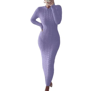 Full length detail of purple cable-knit maxi sweater dress showing slim fit and texture
