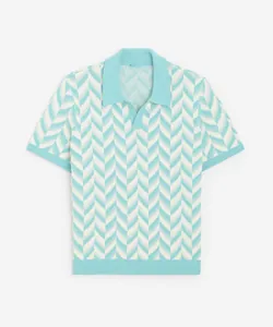 Men's knitted polo shirt with blue and white chevron jacquard pattern in flat lay view.