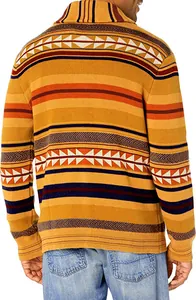 Back view of men's jacquard knitted cardigan with geometric pattern detail