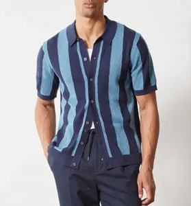 Detailed view of men's vertical striped knit polo shirt with breathable texture.