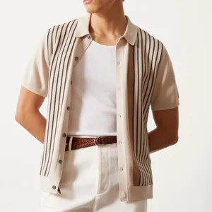 Close-up detail of a men's knitted striped short-sleeved polo shirt worn over a white tank top