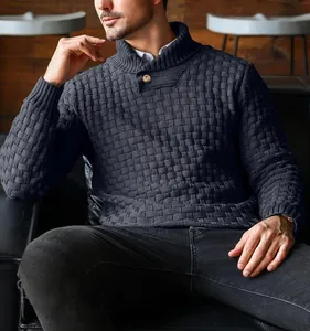 Detailed view of men's navy blue shawl collar knit sweater with waffle texture